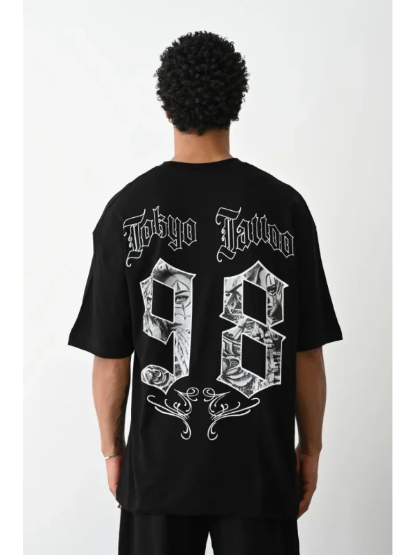 Lushiowear Erkek Kısa Kol Yazlık Tişört Bisiklet Yaka Baskılı Oversize T-Shirt - Siyah