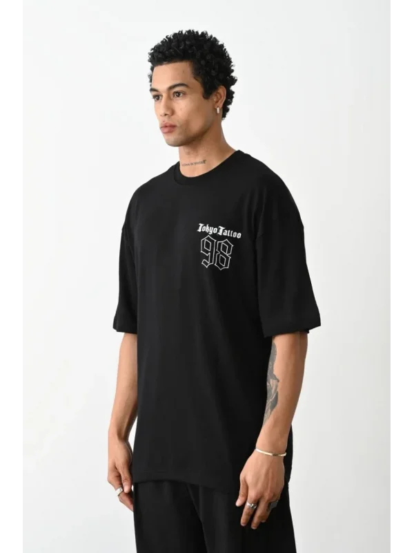 Lushiowear Erkek Kısa Kol Yazlık Tişört Bisiklet Yaka Baskılı Oversize T-Shirt - Siyah