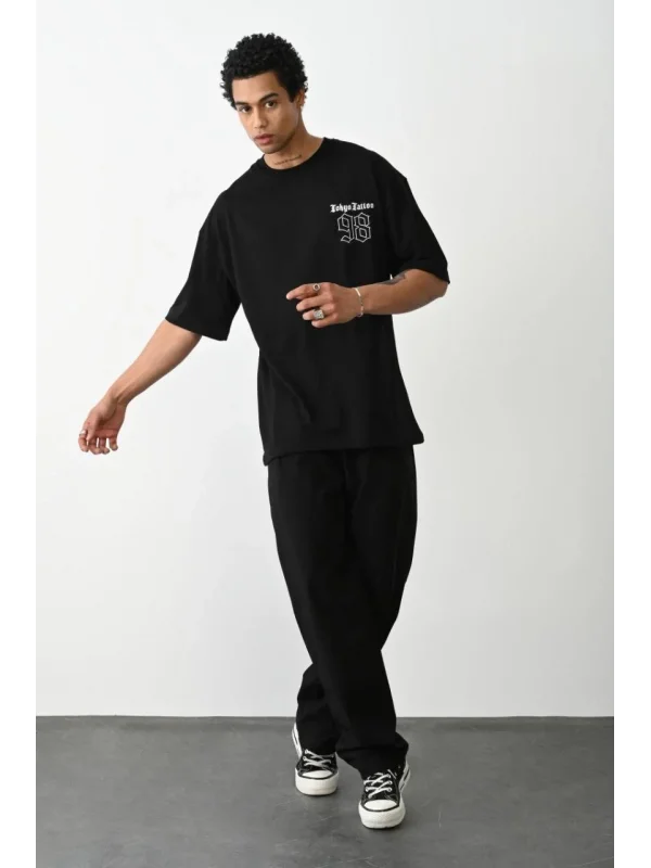 Lushiowear Erkek Kısa Kol Yazlık Tişört Bisiklet Yaka Baskılı Oversize T-Shirt - Siyah