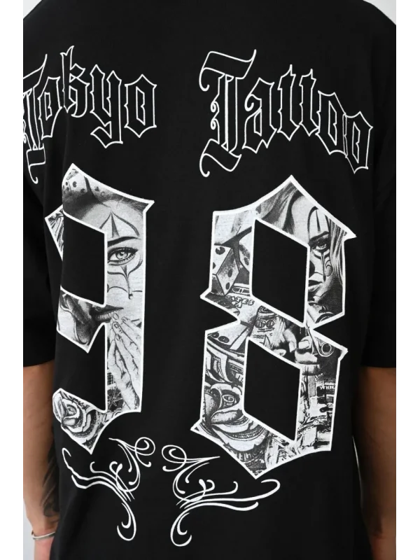 Lushiowear Erkek Kısa Kol Yazlık Tişört Bisiklet Yaka Baskılı Oversize T-Shirt - Siyah