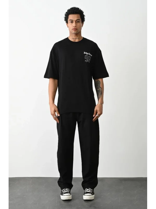 Lushiowear Erkek Kısa Kol Yazlık Tişört Bisiklet Yaka Baskılı Oversize T-Shirt - Siyah