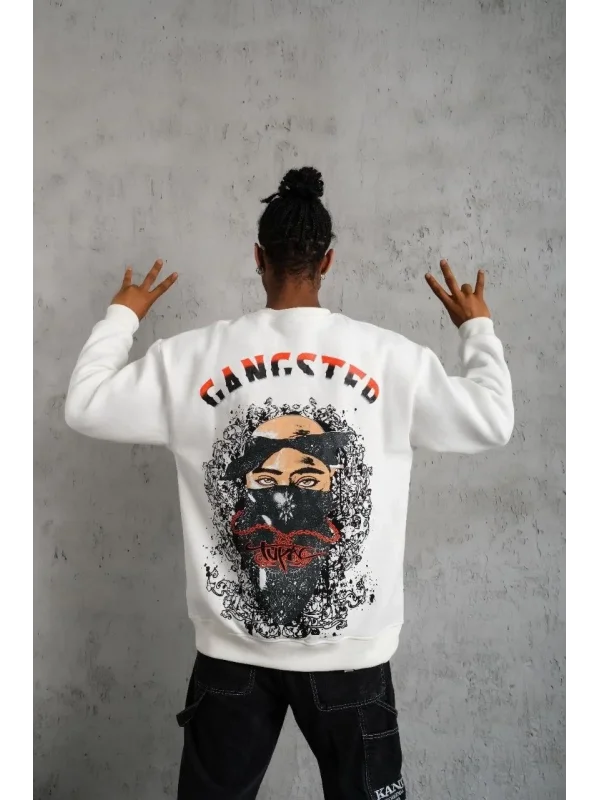 Lushiowear Erkek 3 İplik Pamuklu Bisiklet Yaka Gangster Baskılı Sweatshirt - Beyaz