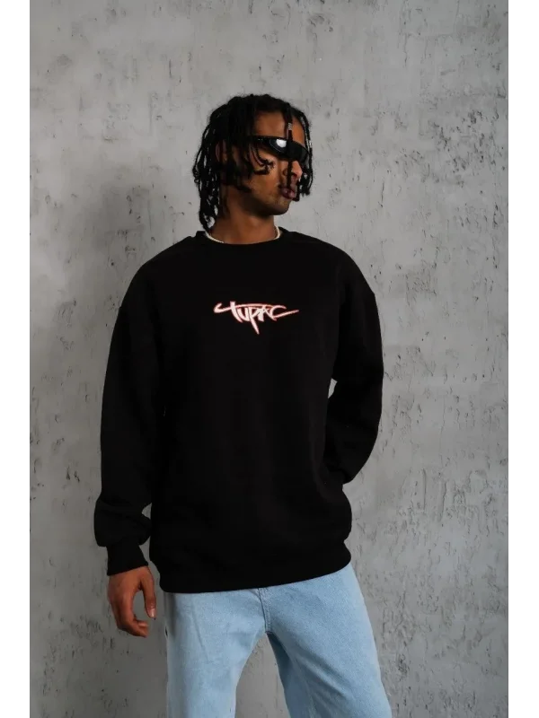 Lushiowear Erkek 3 İplik Pamuklu Bisiklet Yaka Gangster Baskılı Sweatshirt - Siyah
