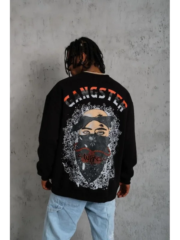 Lushiowear Erkek 3 İplik Pamuklu Bisiklet Yaka Gangster Baskılı Sweatshirt - Siyah