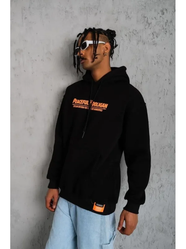 Lushiowear Erkek 3 İplik Pamuklu Kapüşonlu Baskılı Cepli Oversize Sweatshirt Hoodie - Siyah