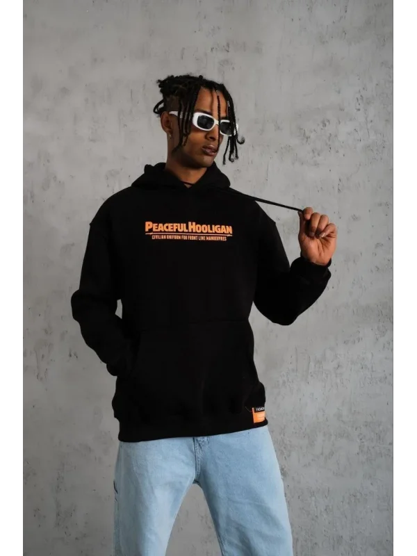 Lushiowear Erkek 3 İplik Pamuklu Kapüşonlu Baskılı Cepli Oversize Sweatshirt Hoodie - Siyah
