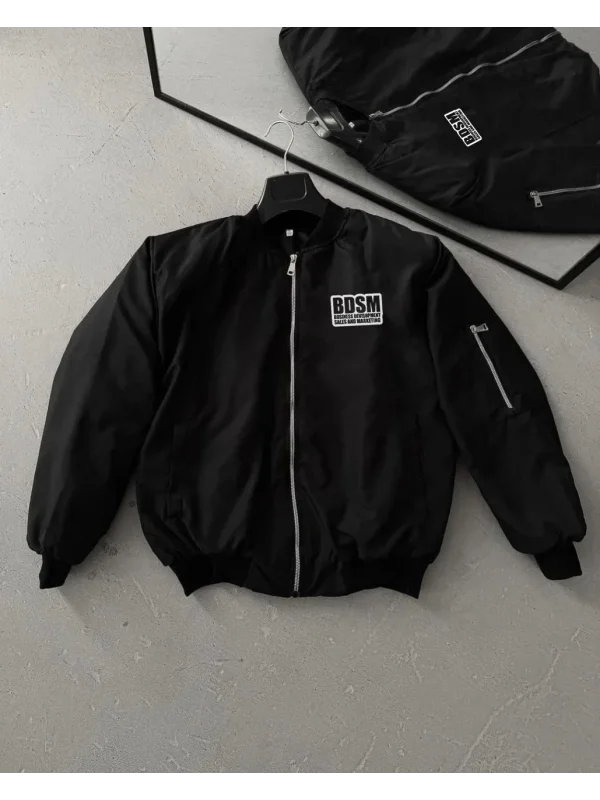 Lushiowear Erkek Baskılı Bomber Mont Fermuarlı Cepli Kapitone Astarlı  - Siyah