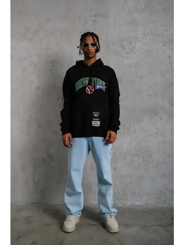Lushiowear Erkek 3 İplik Pamuklu Kapüşonlu Baskılı Cepli Oversize Sweatshirt Hoodie - Siyah