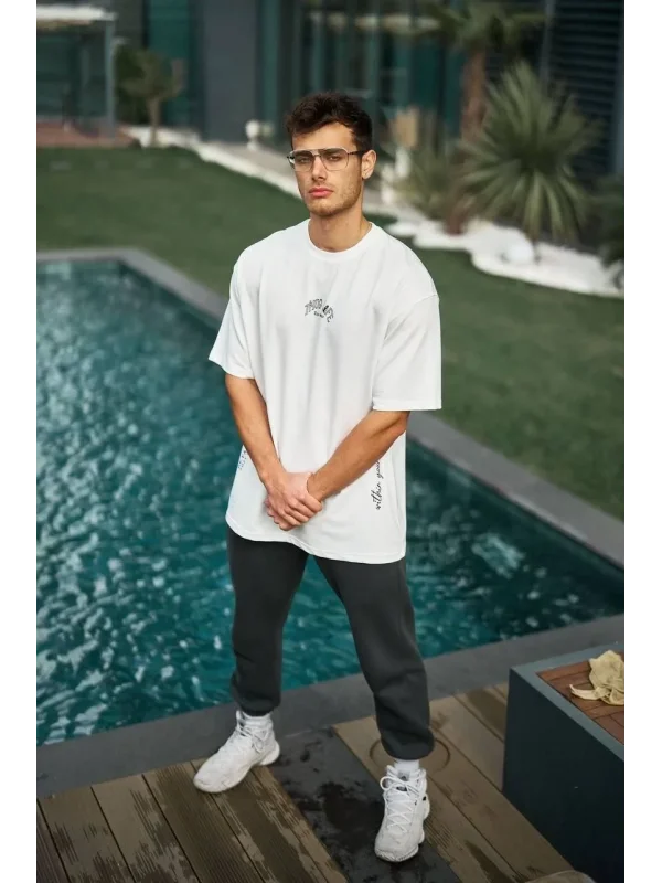Lushiowear Erkek Kısa Kol Tişört Bisiklet Yaka Filistin Poşulu Baskılı T-Shirt - Beyaz