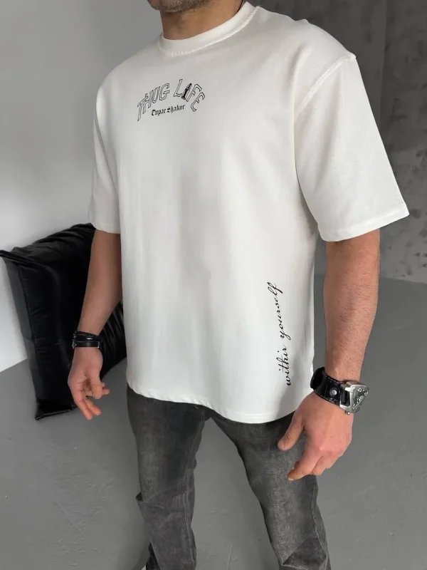 Lushiowear Erkek Kısa Kol Tişört Bisiklet Yaka Filistin Poşulu Baskılı T-Shirt - Beyaz