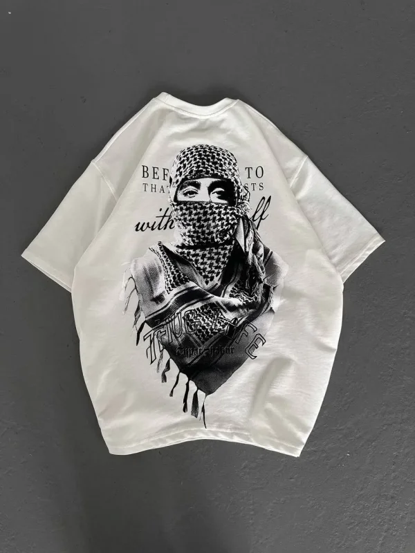 Lushiowear Erkek Kısa Kol Tişört Bisiklet Yaka Filistin Poşulu Baskılı T-Shirt - Beyaz