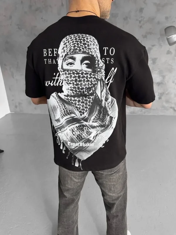 Lushiowear Erkek Kısa Kol Tişört Bisiklet Yaka Filistin Poşulu Baskılı T-Shirt - Siyah