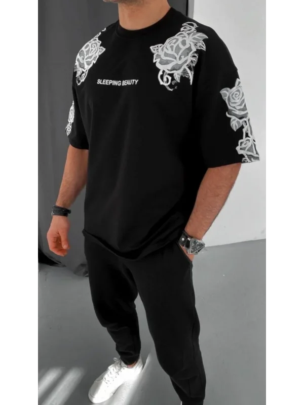 Lushiowear Erkek Kısa Kol Yazlık Tişört Bisiklet Yaka Baskılı Oversize T-Shirt - Siyah