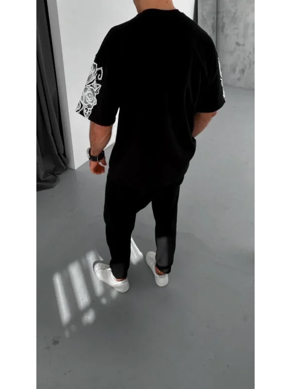 Lushiowear Erkek Kısa Kol Yazlık Tişört Bisiklet Yaka Baskılı Oversize T-Shirt - Siyah