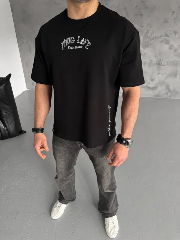 Lushiowear Erkek Kısa Kol Tişört Bisiklet Yaka Filistin Poşulu Baskılı T-Shirt - Siyah