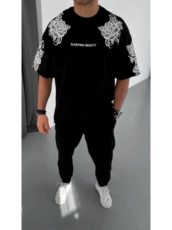 Lushiowear Erkek Kısa Kol Yazlık Tişört Bisiklet Yaka Baskılı Oversize T-Shirt - Siyah