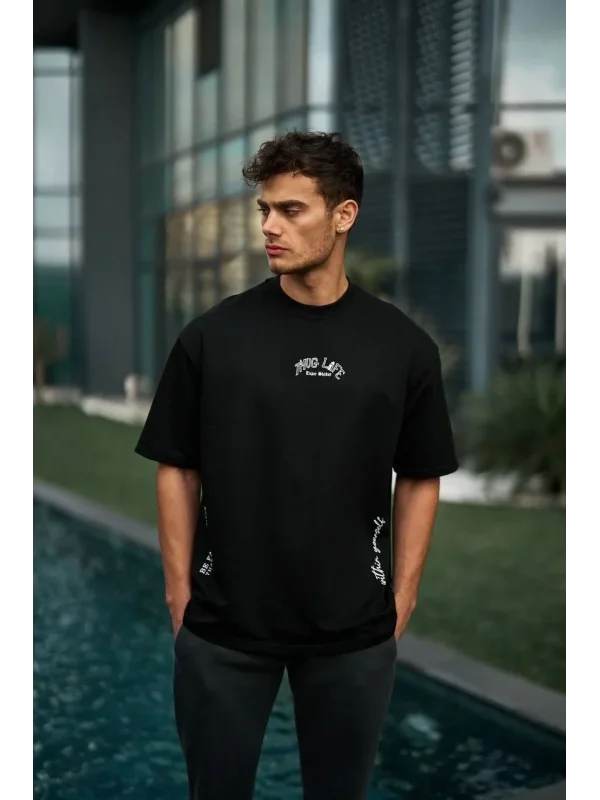 Lushiowear Erkek Kısa Kol Tişört Bisiklet Yaka Filistin Poşulu Baskılı T-Shirt - Siyah