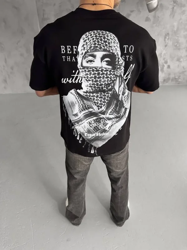 Lushiowear Erkek Kısa Kol Tişört Bisiklet Yaka Filistin Poşulu Baskılı T-Shirt - Siyah