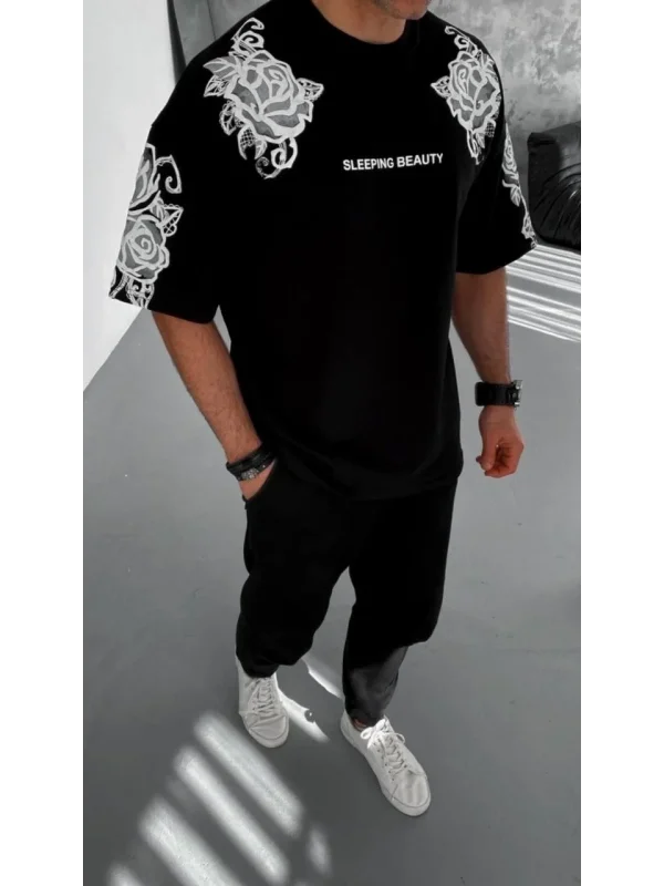 Lushiowear Erkek Kısa Kol Yazlık Tişört Bisiklet Yaka Baskılı Oversize T-Shirt - Siyah