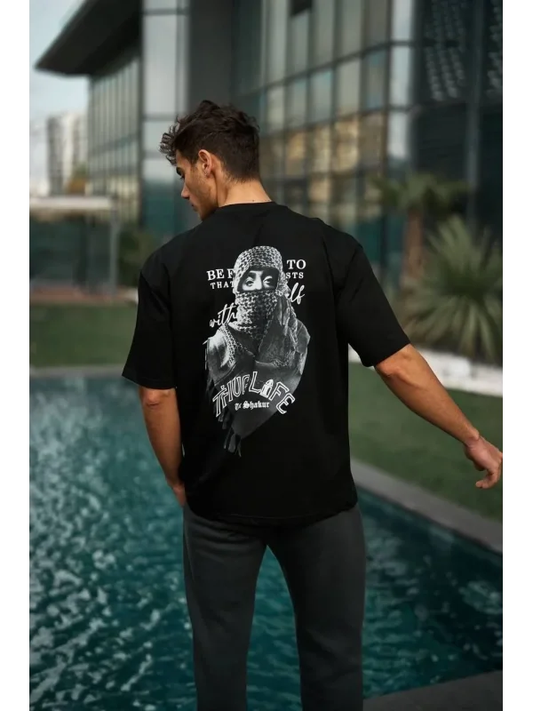 Lushiowear Erkek Kısa Kol Tişört Bisiklet Yaka Filistin Poşulu Baskılı T-Shirt - Siyah
