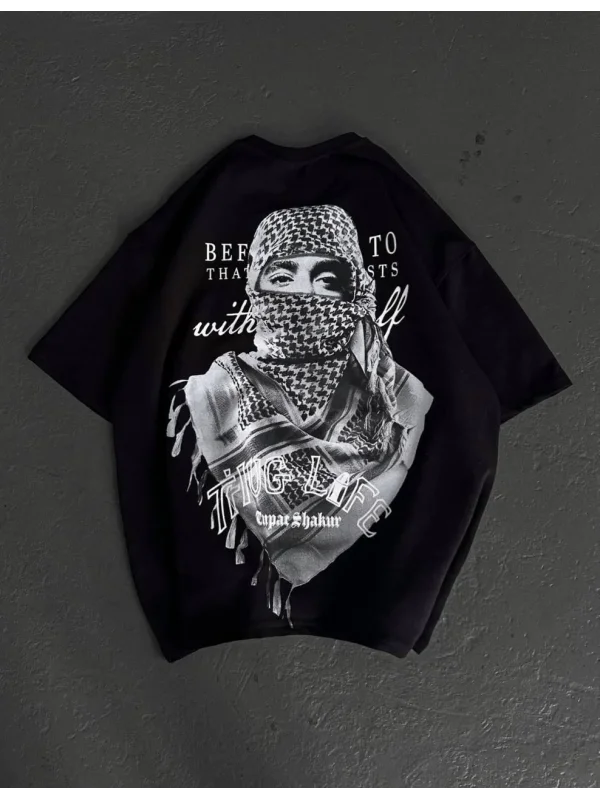 Lushiowear Erkek Kısa Kol Tişört Bisiklet Yaka Filistin Poşulu Baskılı T-Shirt - Siyah