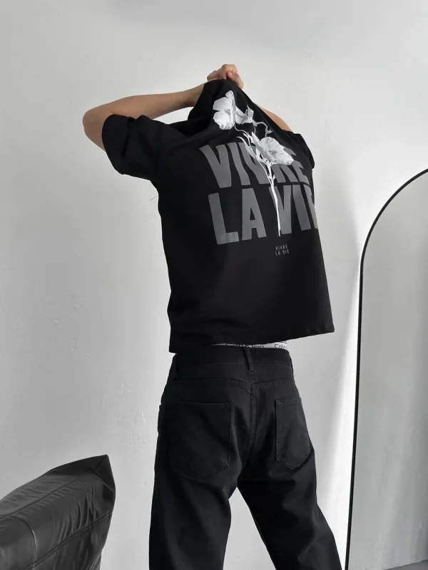 Lushiowear Erkek Ön ve Arka Baskılı T-Shirt Kısa Kol Bisiklet Yaka Regular Fit Tişört -  Siyah