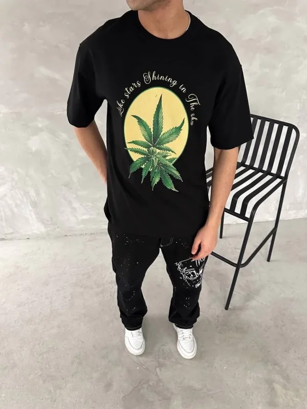 Lushiowear Erkek Baskılı T-Shirt Kısa Kol Bisiklet Yaka Regular Fit Yazlık Tişört - SiyahSiyah