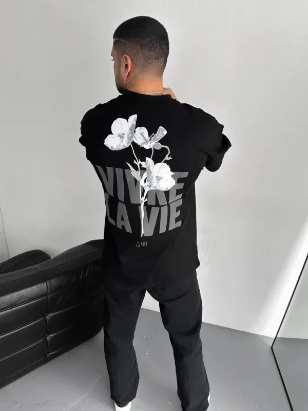 Lushiowear Erkek Ön ve Arka Baskılı T-Shirt Kısa Kol Bisiklet Yaka Regular Fit Tişört -  Siyah