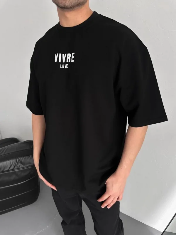 Lushiowear Erkek Ön ve Arka Baskılı T-Shirt Kısa Kol Bisiklet Yaka Regular Fit Tişört -  Siyah