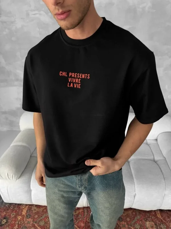 Lushiowear Erkek Ön ve Arka Baskılı T-Shirt Kısa Kol Bisiklet Yaka Regular Fit Tişört - Siyah