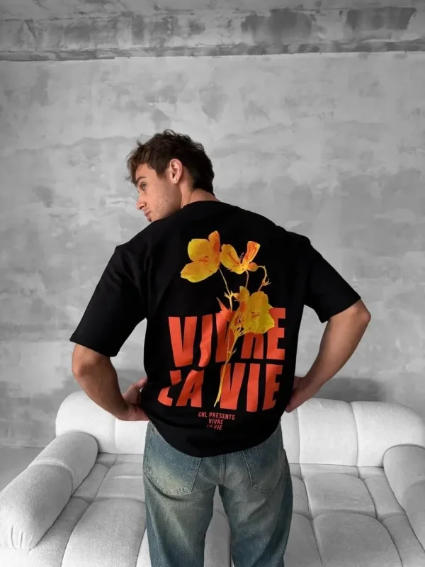 Lushiowear Erkek Ön ve Arka Baskılı T-Shirt Kısa Kol Bisiklet Yaka Regular Fit Tişört - Siyah