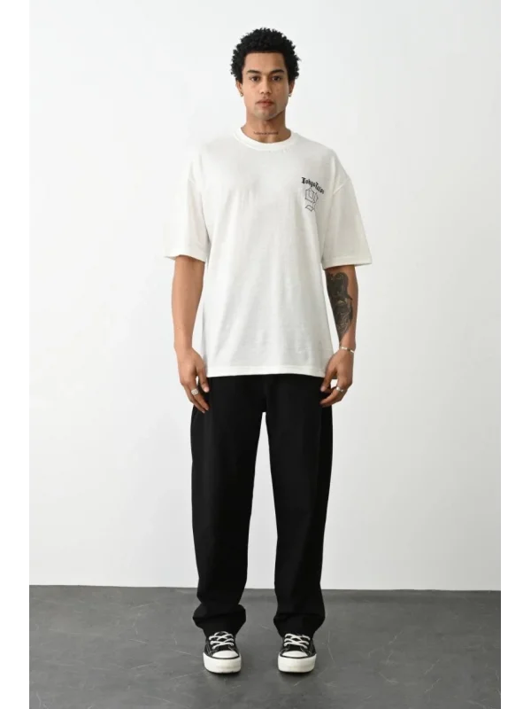 Lushiowear Erkek Kısa Kol Yazlık Tişört Bisiklet Yaka Baskılı Oversize T-Shirt - Beyaz