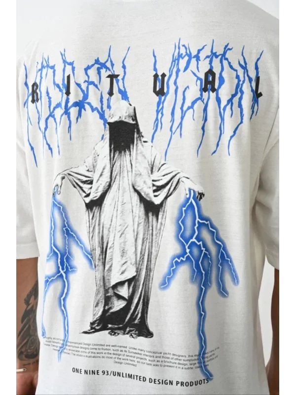 Lushiowear Erkek Kısa Kol Yazlık Tişört Bisiklet Yaka Baskılı Oversize T-Shirt -  Beyaz