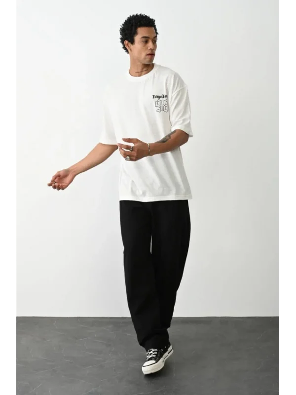 Lushiowear Erkek Kısa Kol Yazlık Tişört Bisiklet Yaka Baskılı Oversize T-Shirt - Beyaz