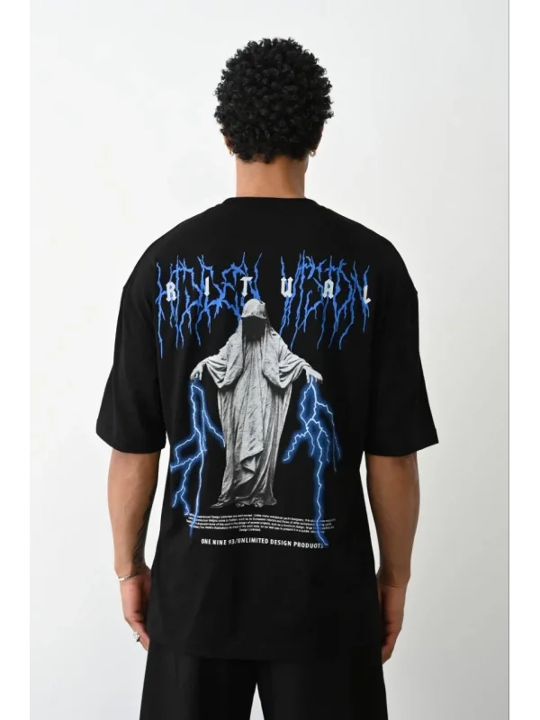 Lushiowear Erkek Baskılı Oversize  Kısa kol T-Shirt - Siyah