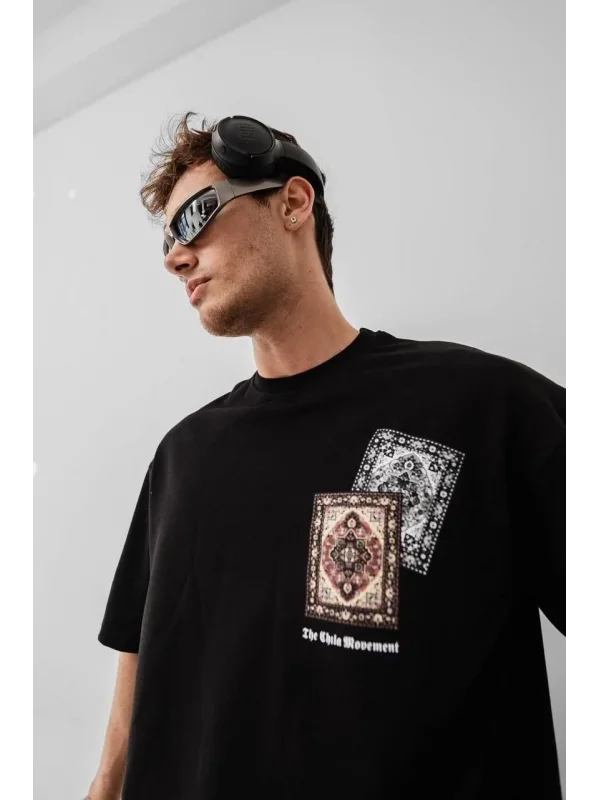 Lushiowear Erkek Yazlık Bisiklet Yaka Baskılı Regular Fit Tişört Kısa Kol T-Shirt - Siyah