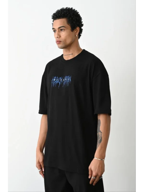 Lushiowear Erkek Baskılı Oversize  Kısa kol T-Shirt - Siyah