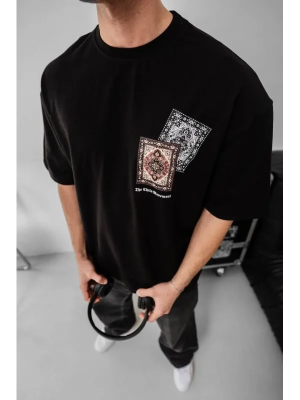 Lushiowear Erkek Yazlık Bisiklet Yaka Baskılı Regular Fit Tişört Kısa Kol T-Shirt - Siyah