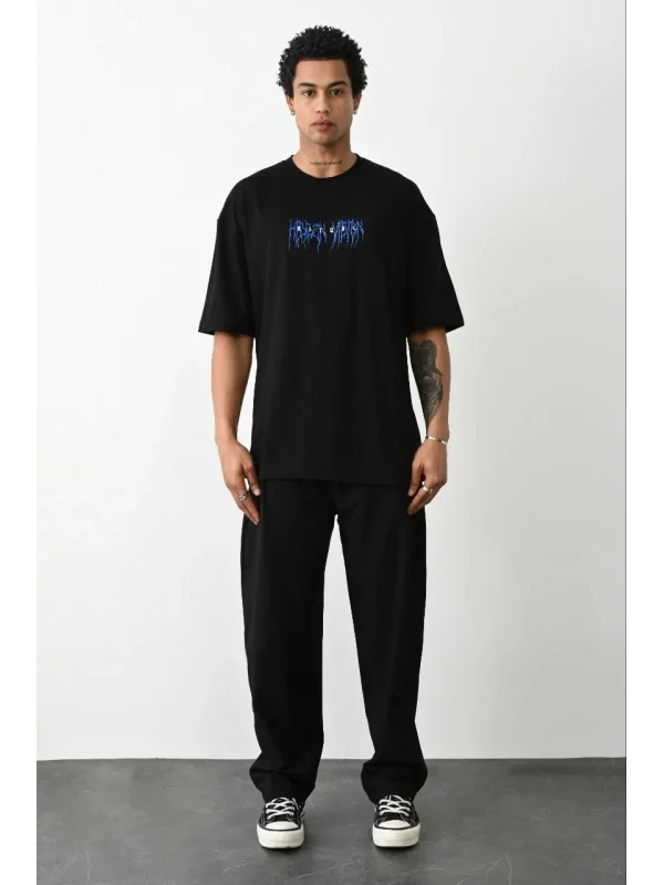 Lushiowear Erkek Baskılı Oversize  Kısa kol T-Shirt - Siyah