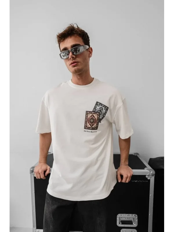Lushiowear Erkek Yazlık Bisiklet Yaka Baskılı Regular Fit Tişört Kısa Kol T-Shirt - Beyaz