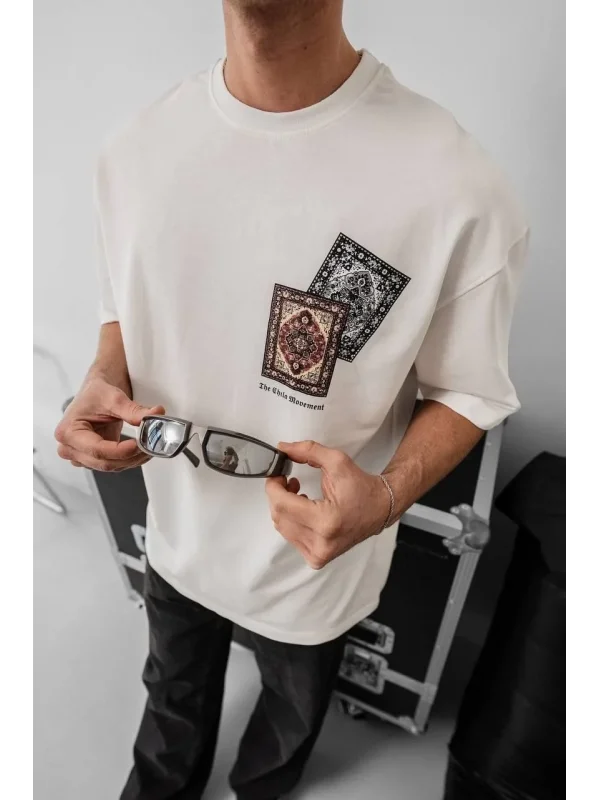 Lushiowear Erkek Yazlık Bisiklet Yaka Baskılı Regular Fit Tişört Kısa Kol T-Shirt - Beyaz