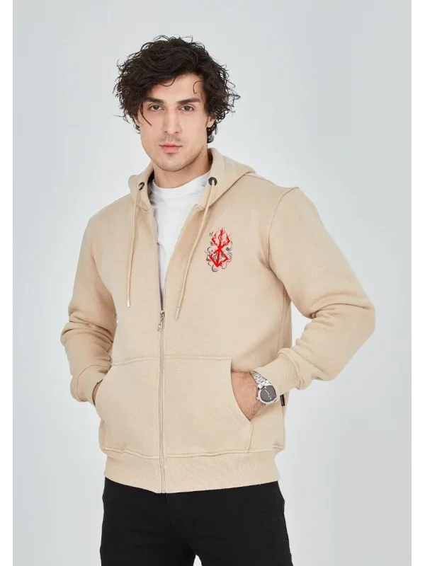 Lushiowear Erkek 3 İplik Pamuklu Kapüşonlu Tam Fermuarlı Cepli Hoodie Sweatshirt - Bej