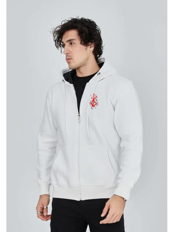Lushiowear Erkek 3 İplik Pamuklu Kapüşonlu Tam Fermuarlı Cepli Hoodie Sweatshirt - Beyaz