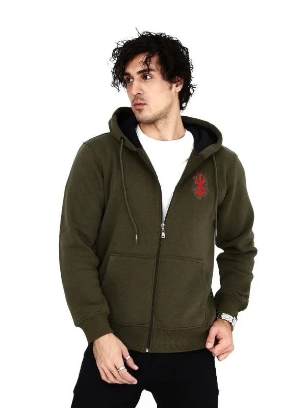 Lushiowear Erkek 3 İplik Pamuklu Kapüşonlu Tam Fermuarlı Cepli Hoodie Sweatshirt - Haki