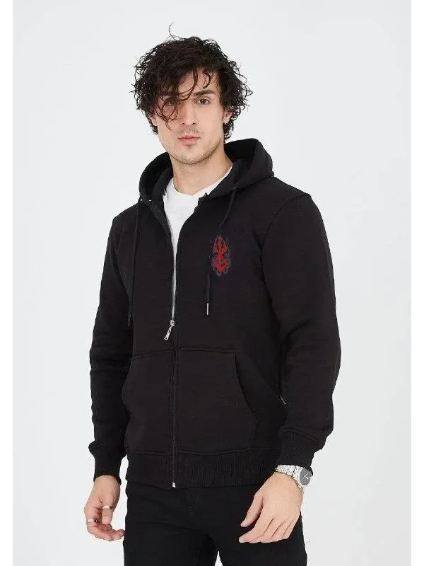 Lushiowear Erkek 3 İplik Pamuklu Kapüşonlu Tam Fermuarlı Cepli Hoodie Sweatshirt - Siyah