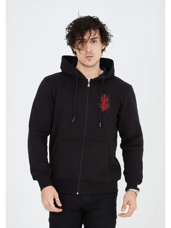 Lushiowear Erkek 3 İplik Pamuklu Kapüşonlu Tam Fermuarlı Cepli Hoodie Sweatshirt - Siyah