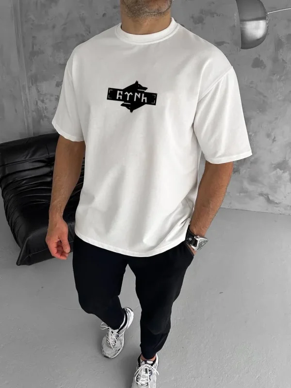 Lushiowear Erkek Kısa Kol Yazlık Tişört Bisiklet Yaka Baskılı Oversize T-Shirt - Beyaz