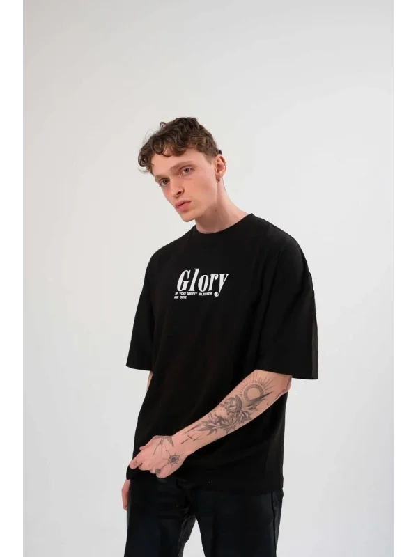 Lushiowear Erkek Tişört Yazlık Bisiklet Yaka Baskılı Kısa kol T-Shirt - Siyah