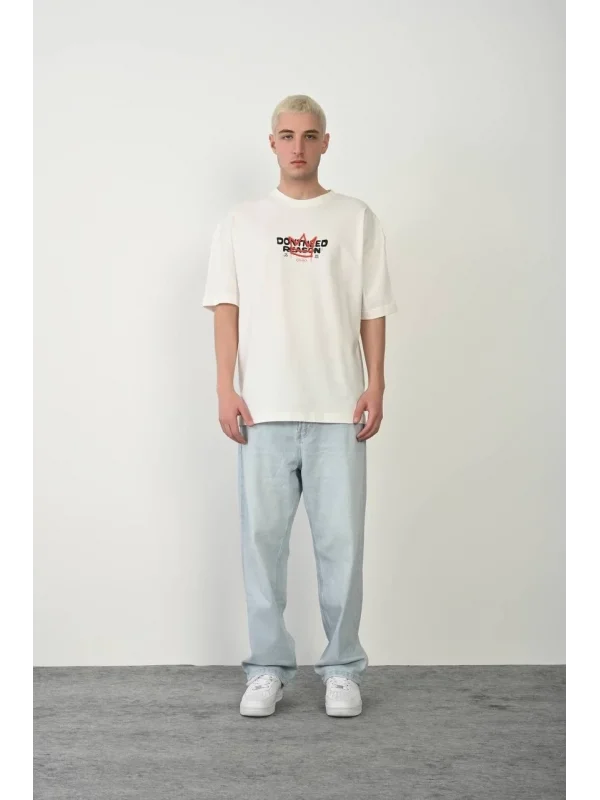 Lushiowear Erkek Kısa Kol Yazlık Tişört Bisiklet Yaka Baskılı Oversize T-Shirt - Beyaz