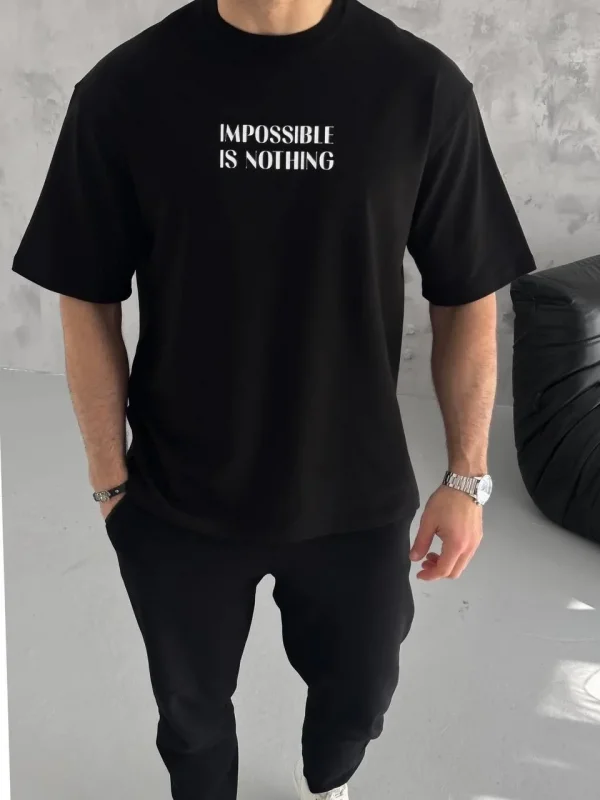 Lushiowear Erkek Tişört Bisiklet Yaka Baskılı Oversize Kısa kol T-Shirt - Siyah